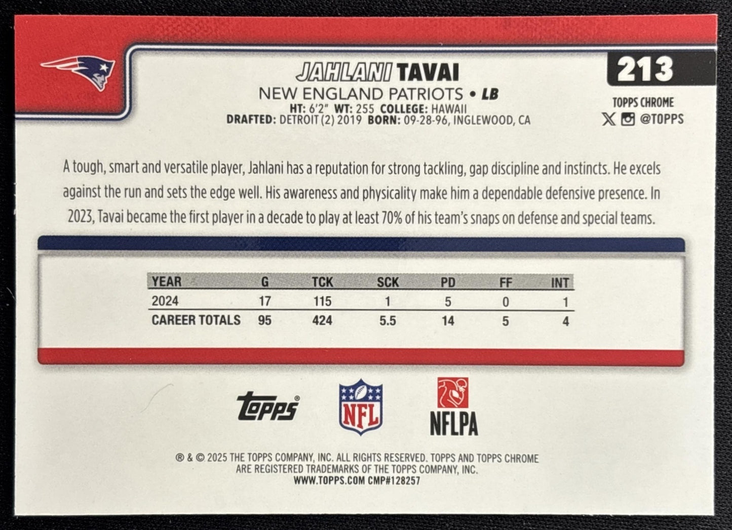 Jahlani Tavai 2025 Topps Chrome Teal Refractor /299 Patriots back