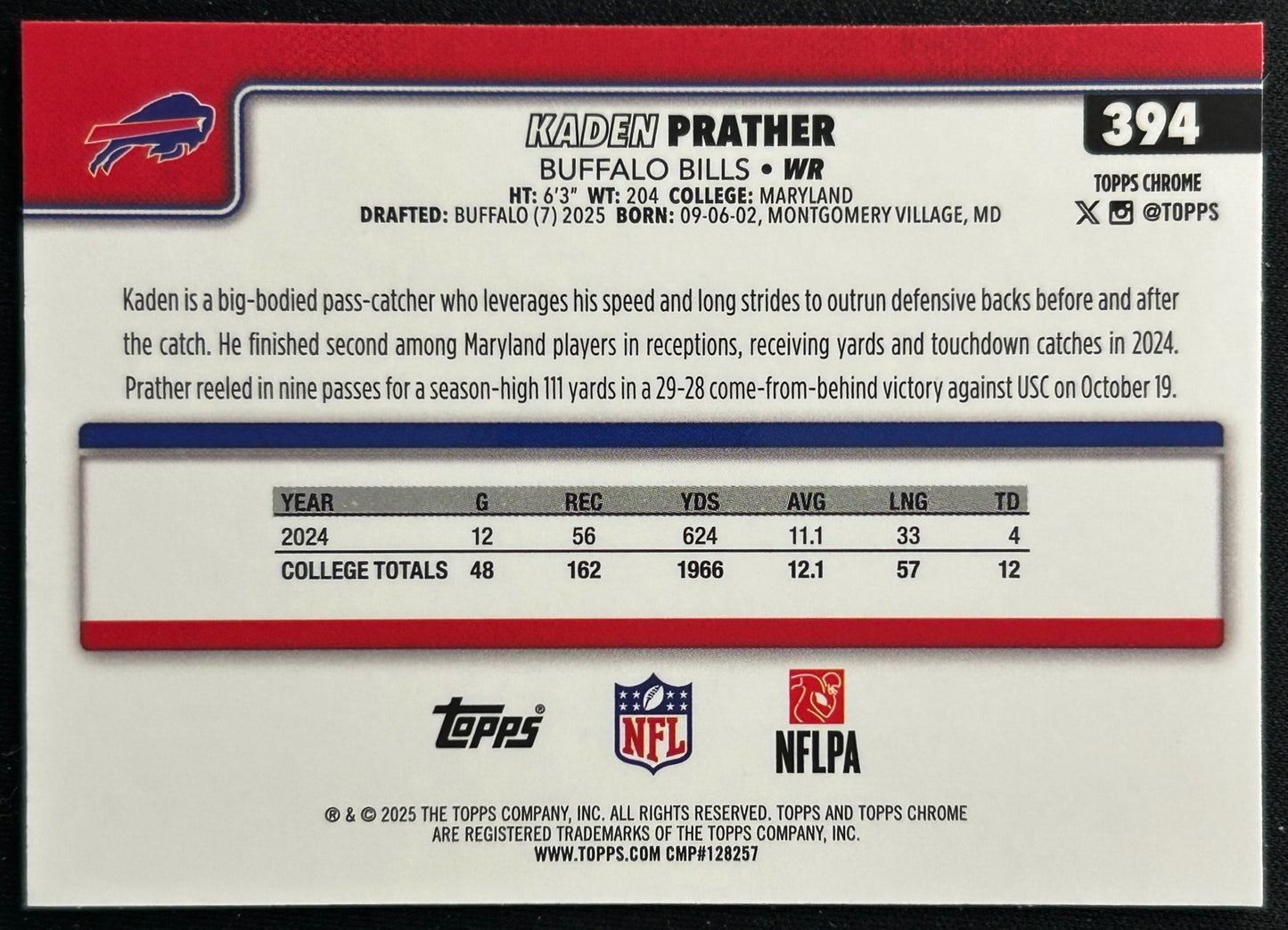 Kaden Prather 2025 Topps Chrome Rookie Bills Sports Trading Cards