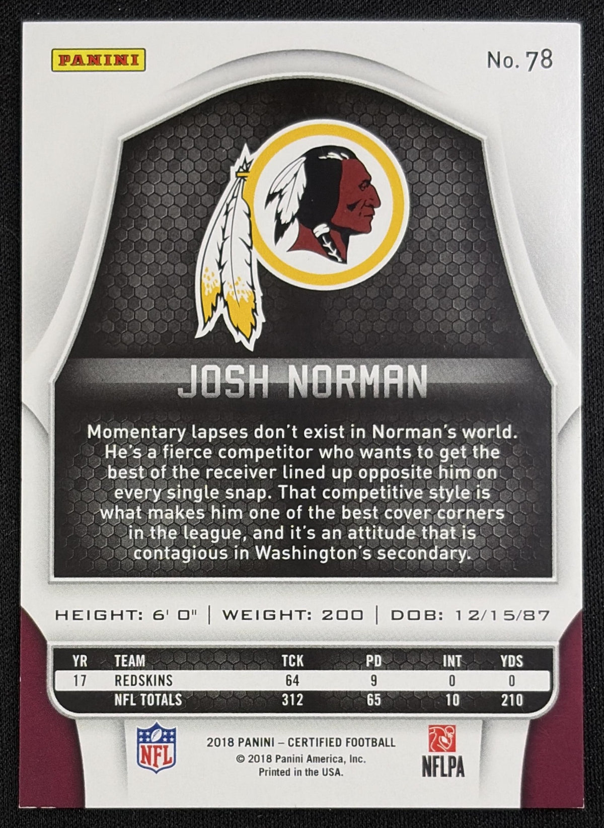 Josh Norman 2018 Panini Certified Mirror Silver /499 Redskins Sports Trading Card