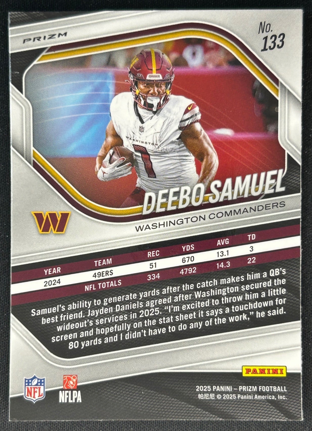 Deebo Samuel 2025 Prizm Press Proof Commanders