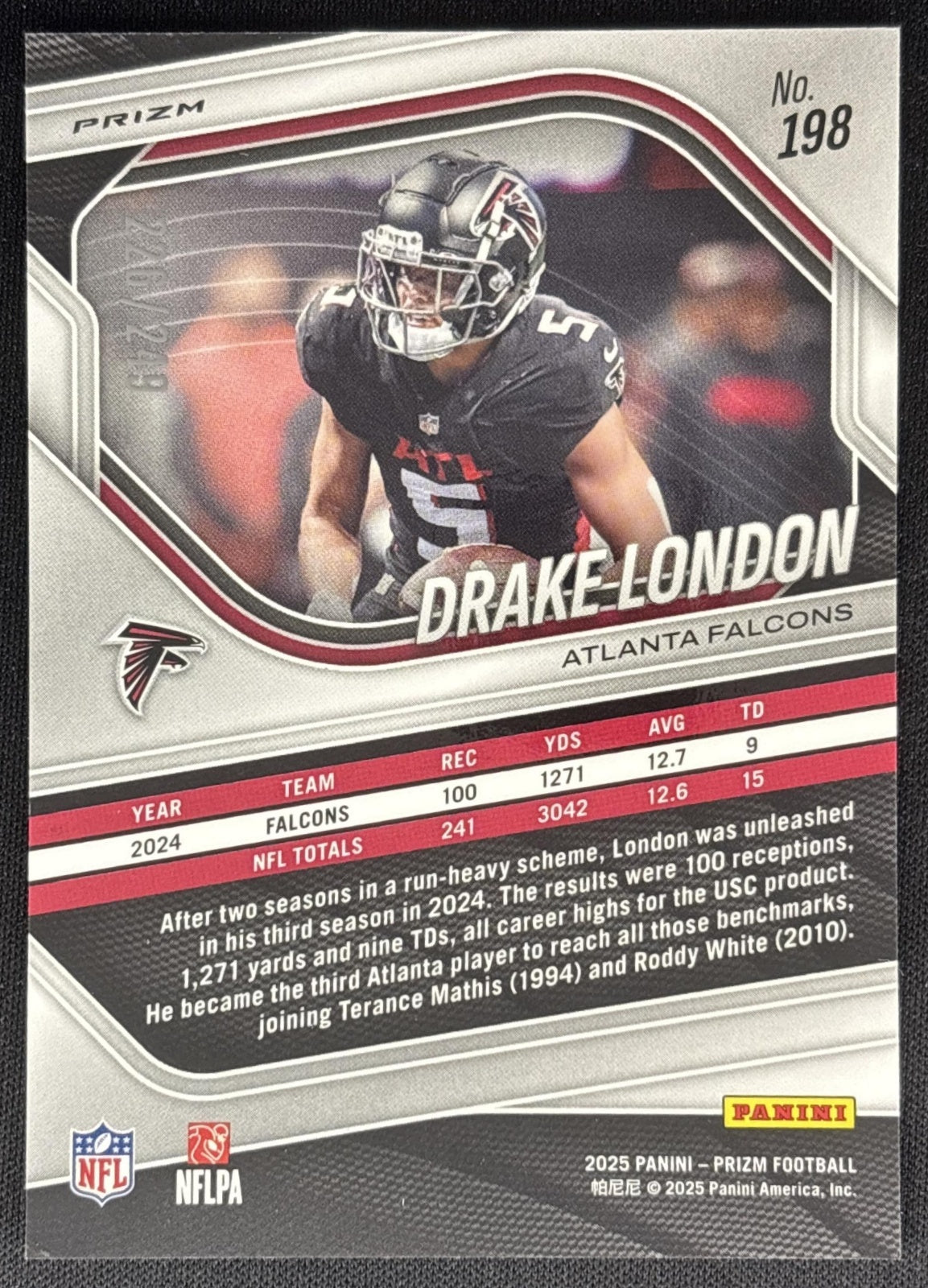 Drake London 2025 Panini Prizm Orange /249 Falcons Sports Trading Card