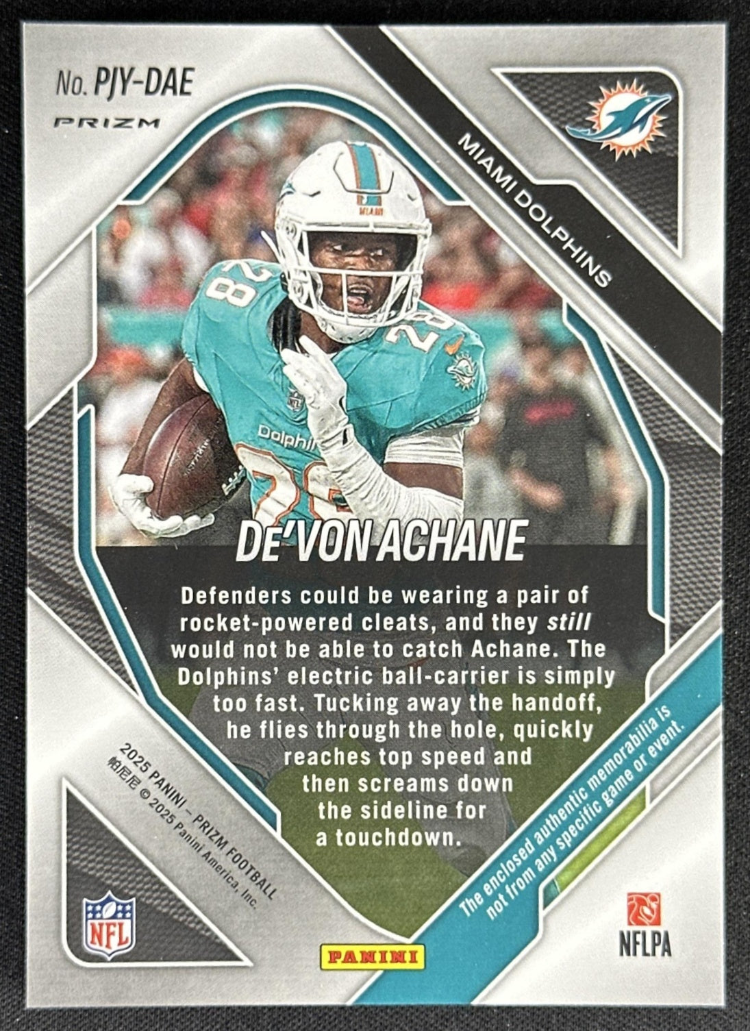 De'Von Achane 2025 Panini Prizm Premier Jerseys Neon Green Pulsar Dolphins