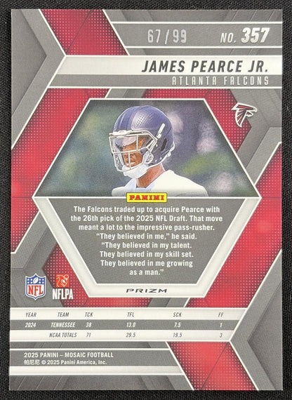James Pearce Jr. 2025 Panini Mosaic Rookies Blue Prizm /99 Falcons Sports Trading Card