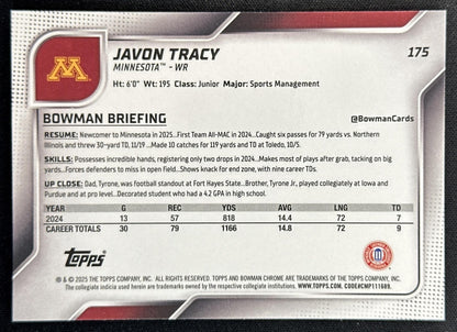 Javon Tracy 2025 Chrome University Prospects Lime Green Mini-Diamond Refractor /275 Golden Gophers Sports Trading Cards