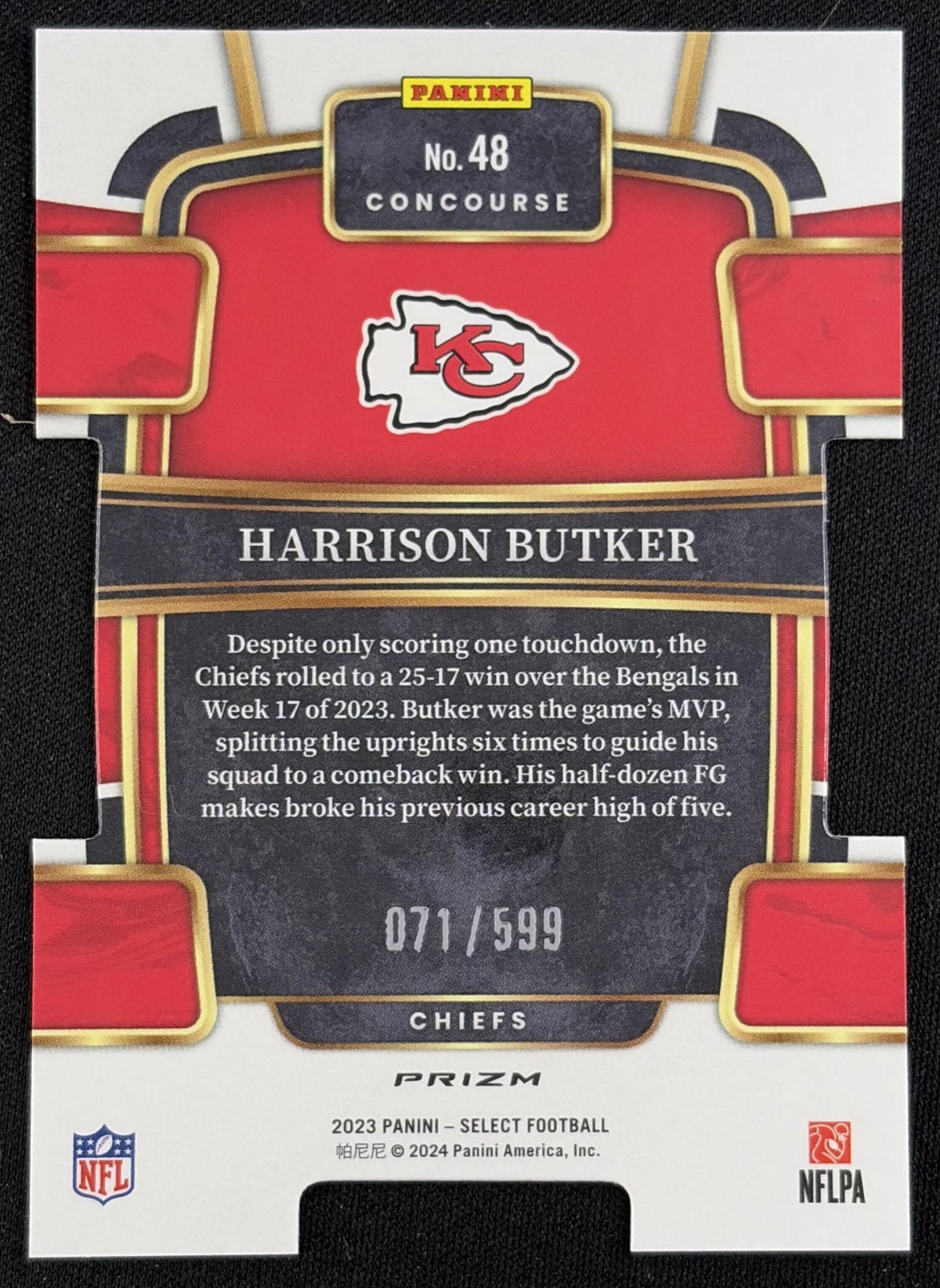 Harrison Butker 2023 Panini Select Neon Green Prizms Die Cut /599 Chiefs - back