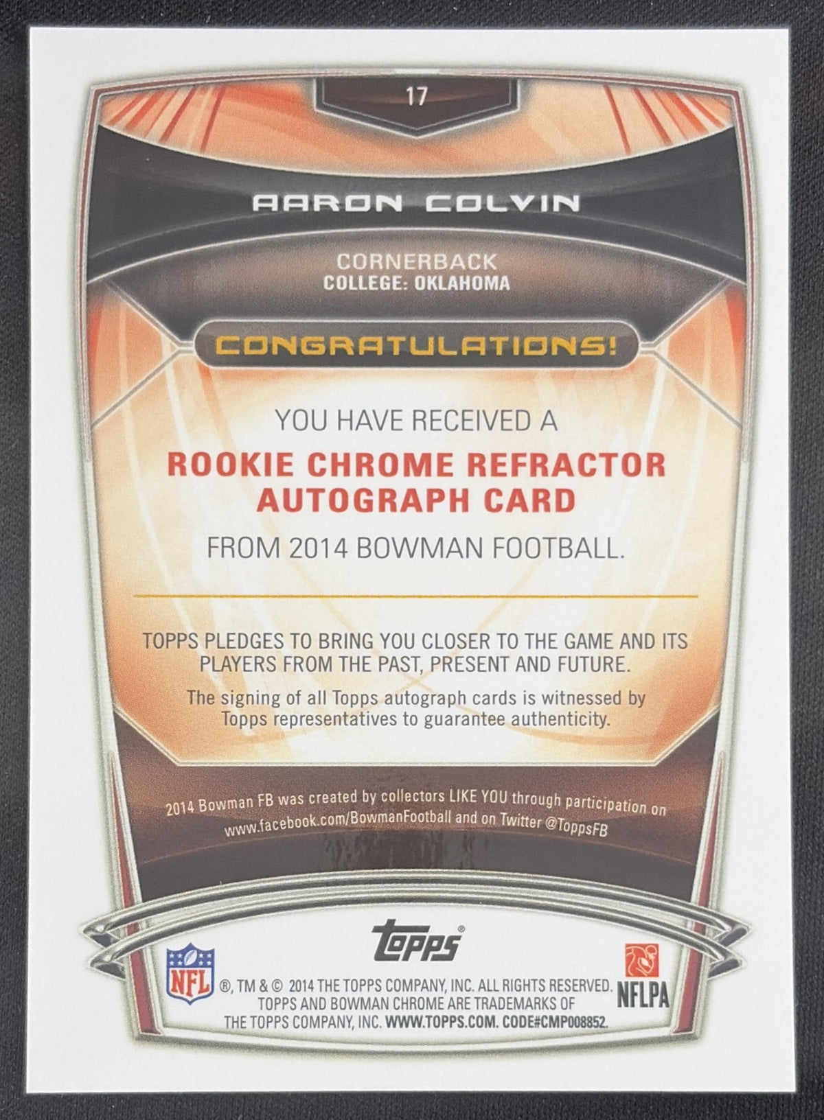 Aaron Colvin 2014 Bowman Chrome Rookie Auto Refractor Sooners