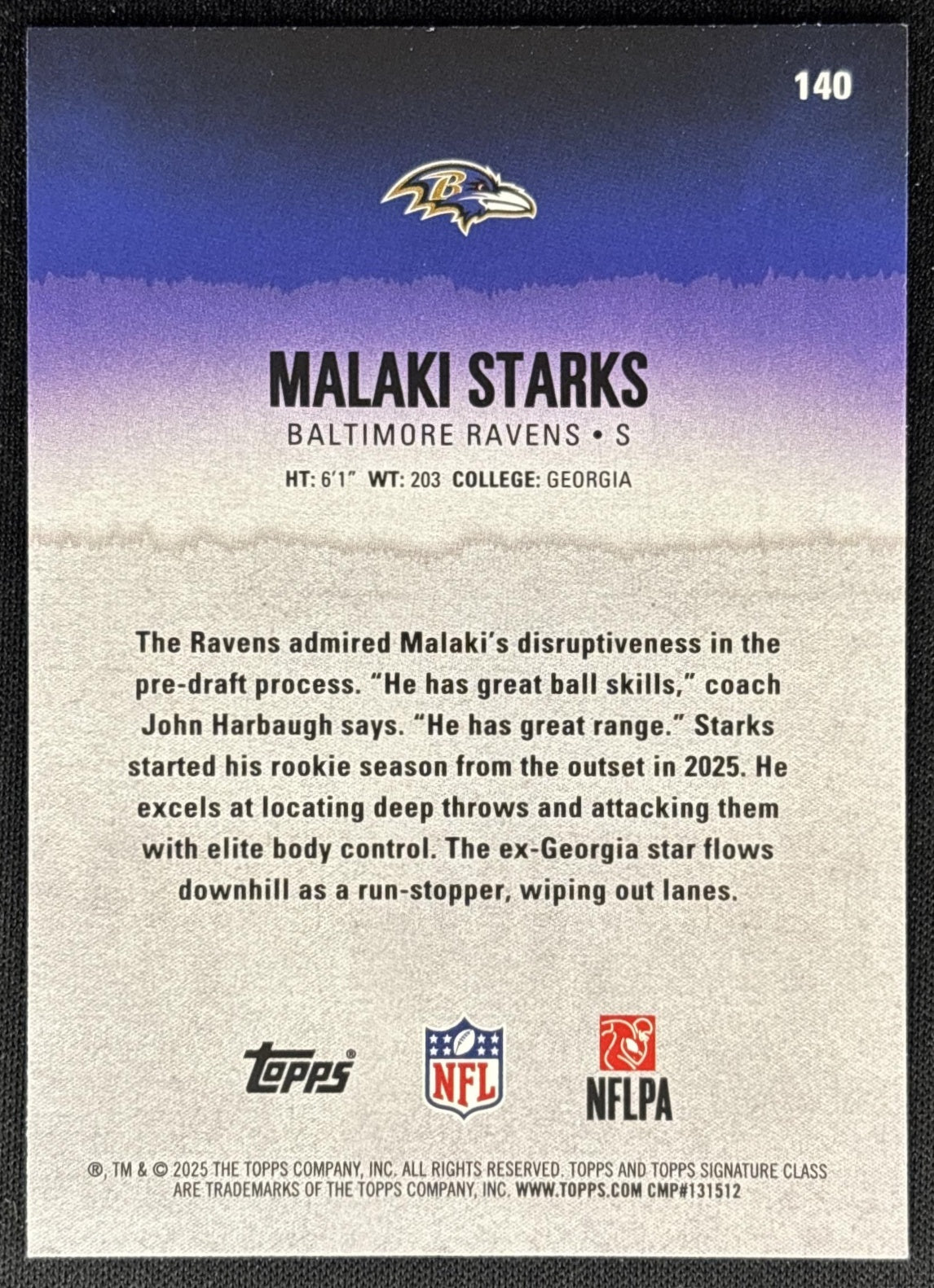 Malaki Starks 2025 Topps Signature Class Rookie Blue & Yellow Foil Ravens - Back