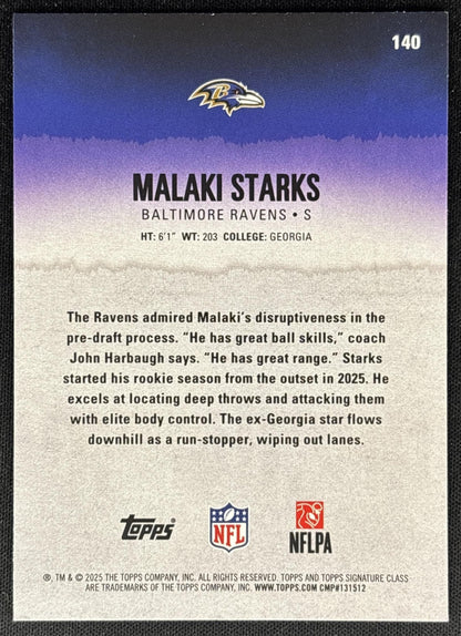 Malaki Starks 2025 Topps Signature Class Rookie Blue & Yellow Foil Ravens - Back