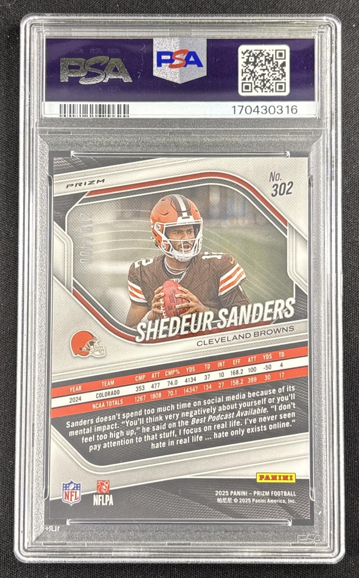 Shedeur Sanders 2025 Panini Prizm Pandora /400 PSA 10 Browns Sports Trading Card