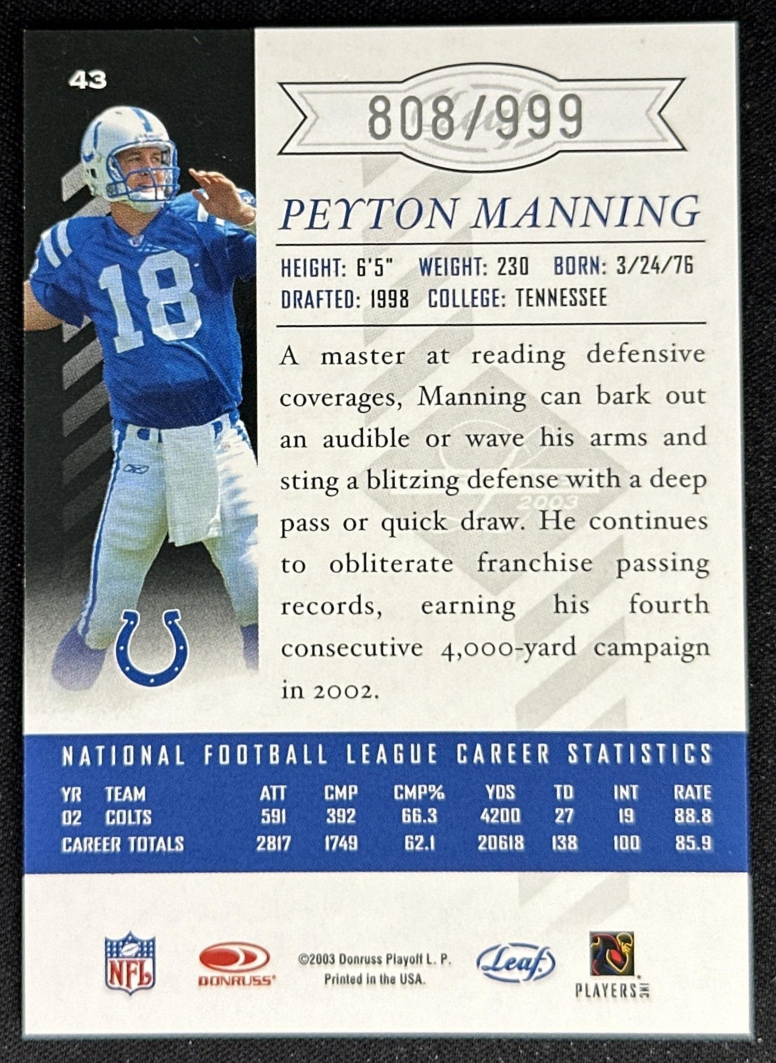 Peyton Manning 2003 Leaf Limited /999 Colts