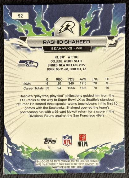 Rashid Shaheed 2025 Topps Resurgence Blue and Orange Spark Refractor Seahawks
