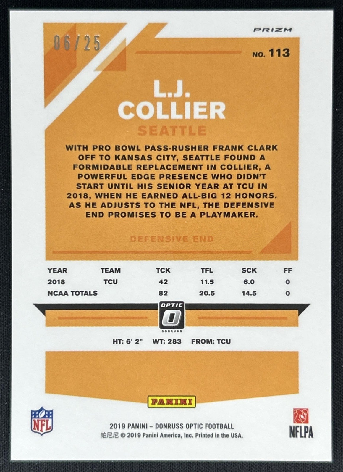 L.J. Collier 2019 Panini Donruss Optic Purple Stars /25 Rookie Seahawks