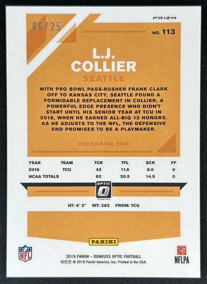 L.J. Collier 2019 Panini Donruss Optic Purple Stars /25 Rookie Seahawks