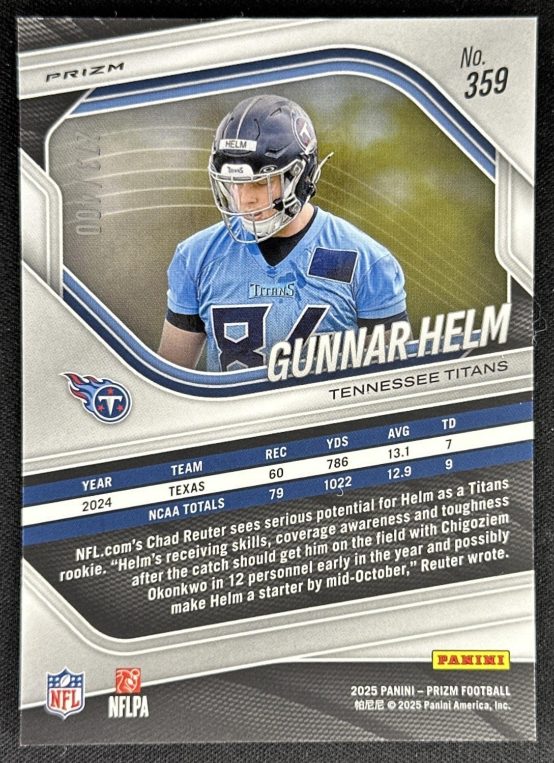 Gunnar Helm 2025 Panini Prizm Pandora /400 Titans