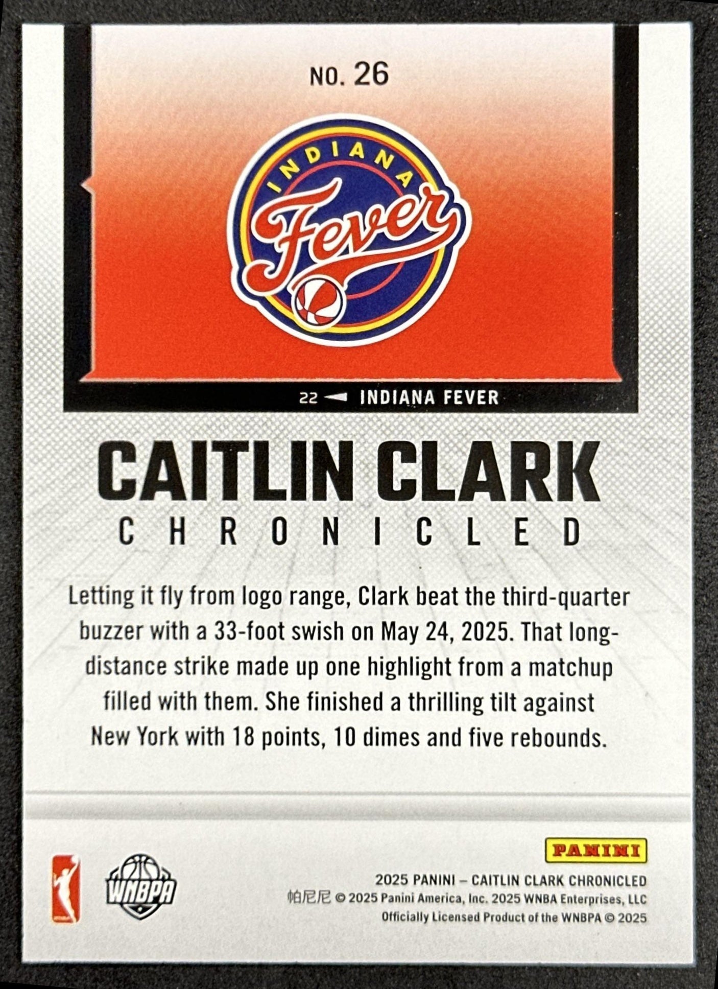 Caitlin Clark 2025 Panini Chronicled WNBA Holo Fever 26 Indiana Fever