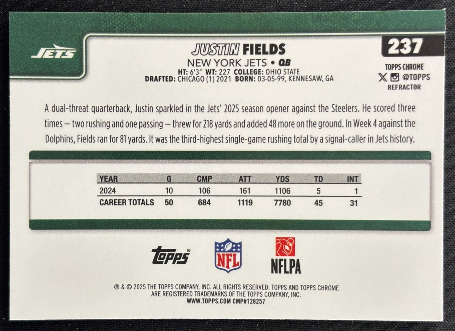 Justin Fields 2025 Topps Chrome Refractor Jets Sports Trading Cards