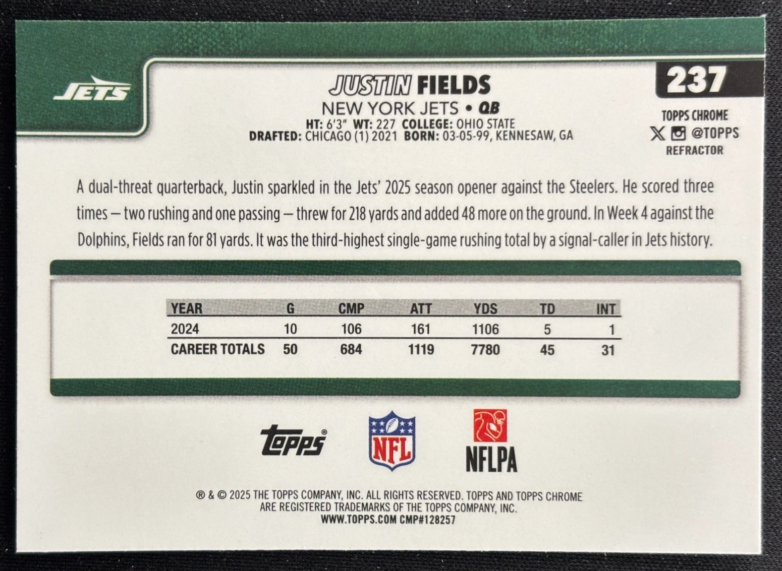 Justin Fields 2025 Topps Chrome Refractor Jets Sports Trading Cards