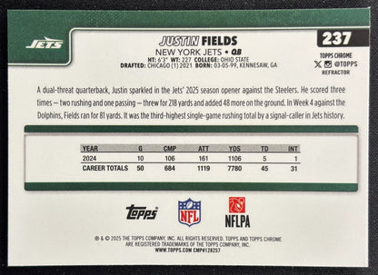 Justin Fields 2025 Topps Chrome Refractor Jets Sports Trading Cards