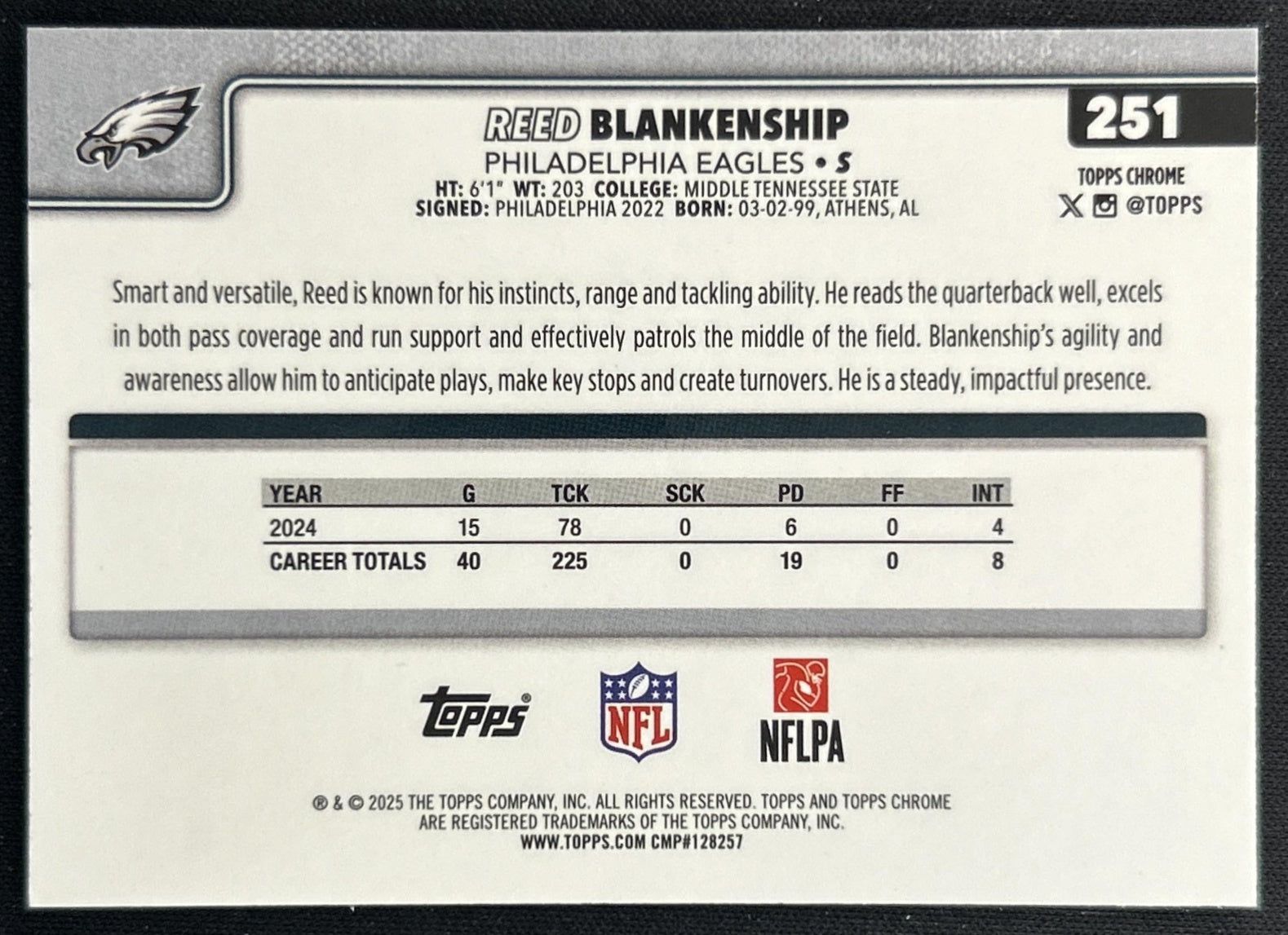 Reed Blankenship 2025 Topps Chrome Neon Pulse Refractor Eagles back