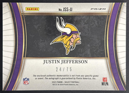 Justin Jefferson 2023 Select Jumbo Signature Swatches White Prizm /75 Vikings Sports Trading Cards