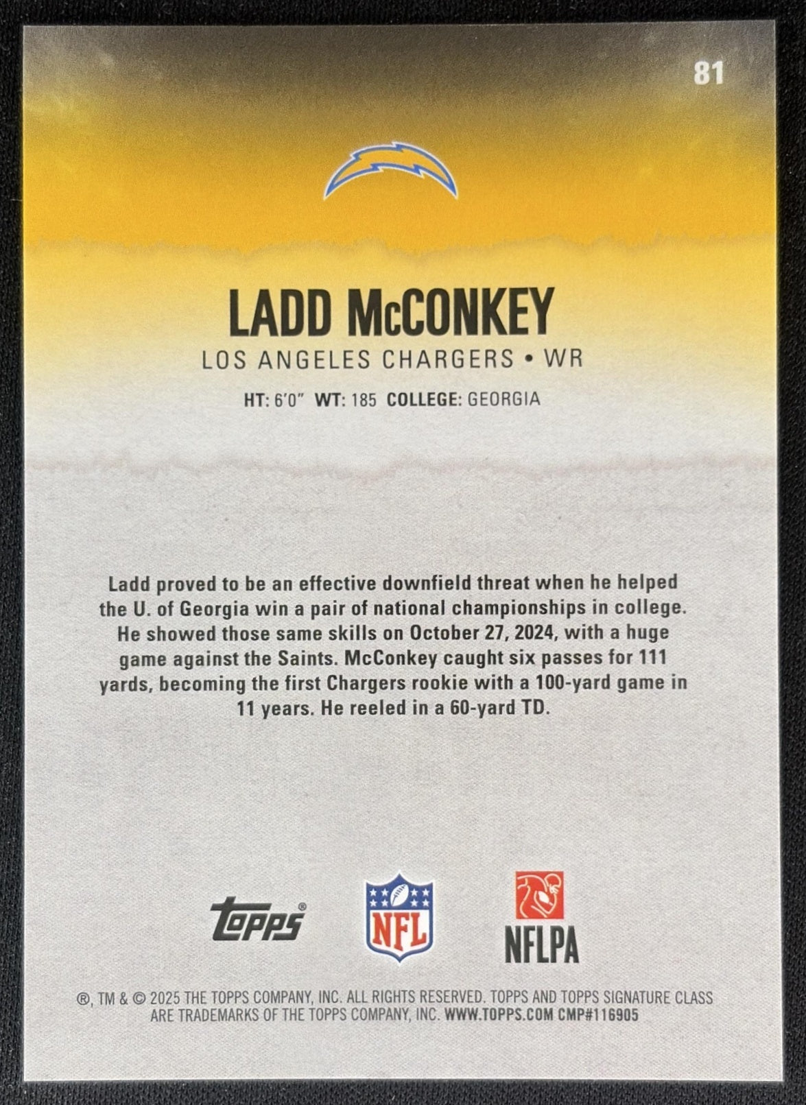 Ladd McConkey 2025 Signature Class Chrome Veteran Teal Refractor /225 Chargers Sports Trading Cards