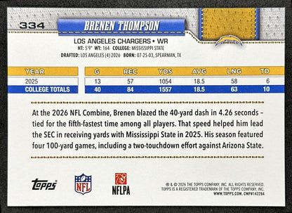 Brenen Thompson 2026 Topps Flagship Rookie Chargers Sports Trading Cards