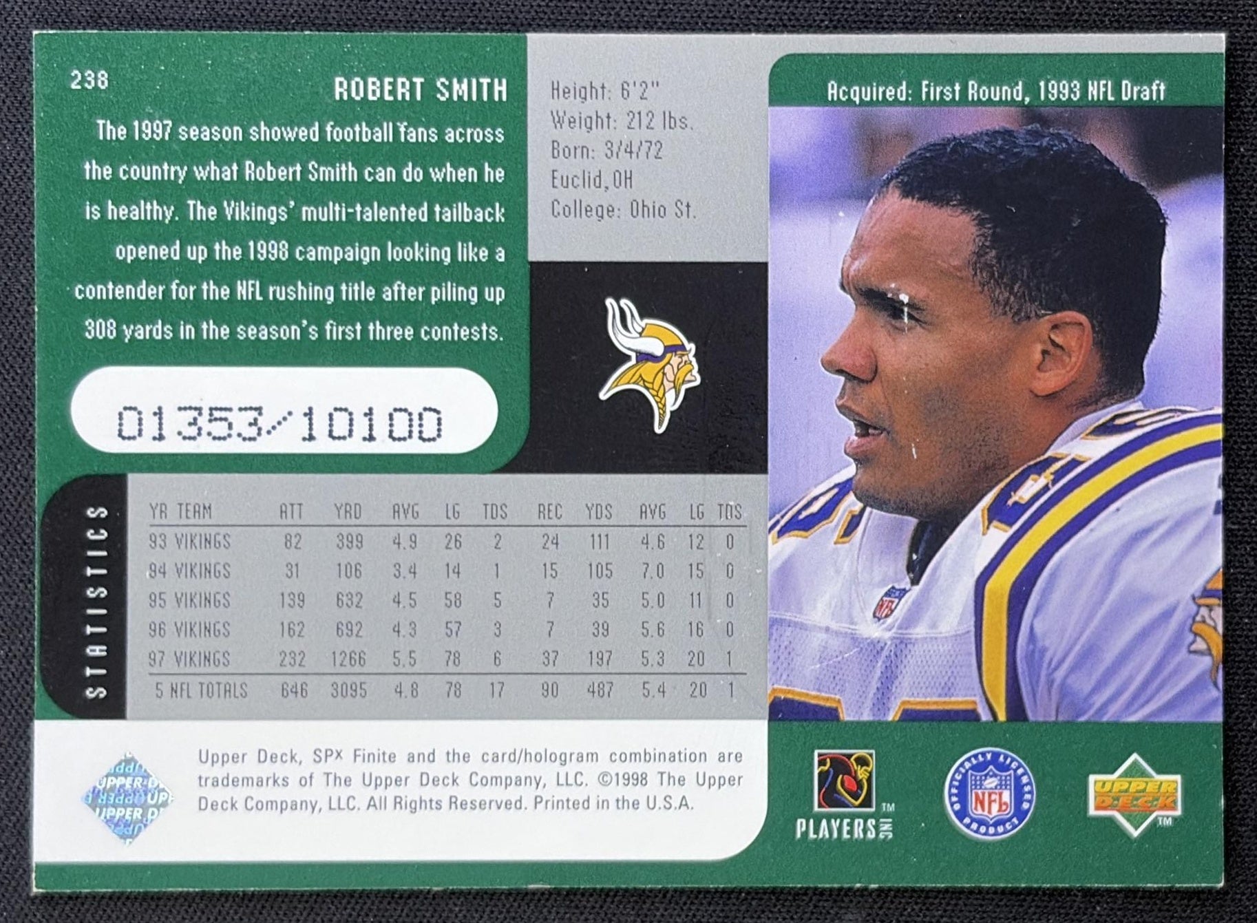 Robert Smith 1998 SPx Finite /10100 Vikings