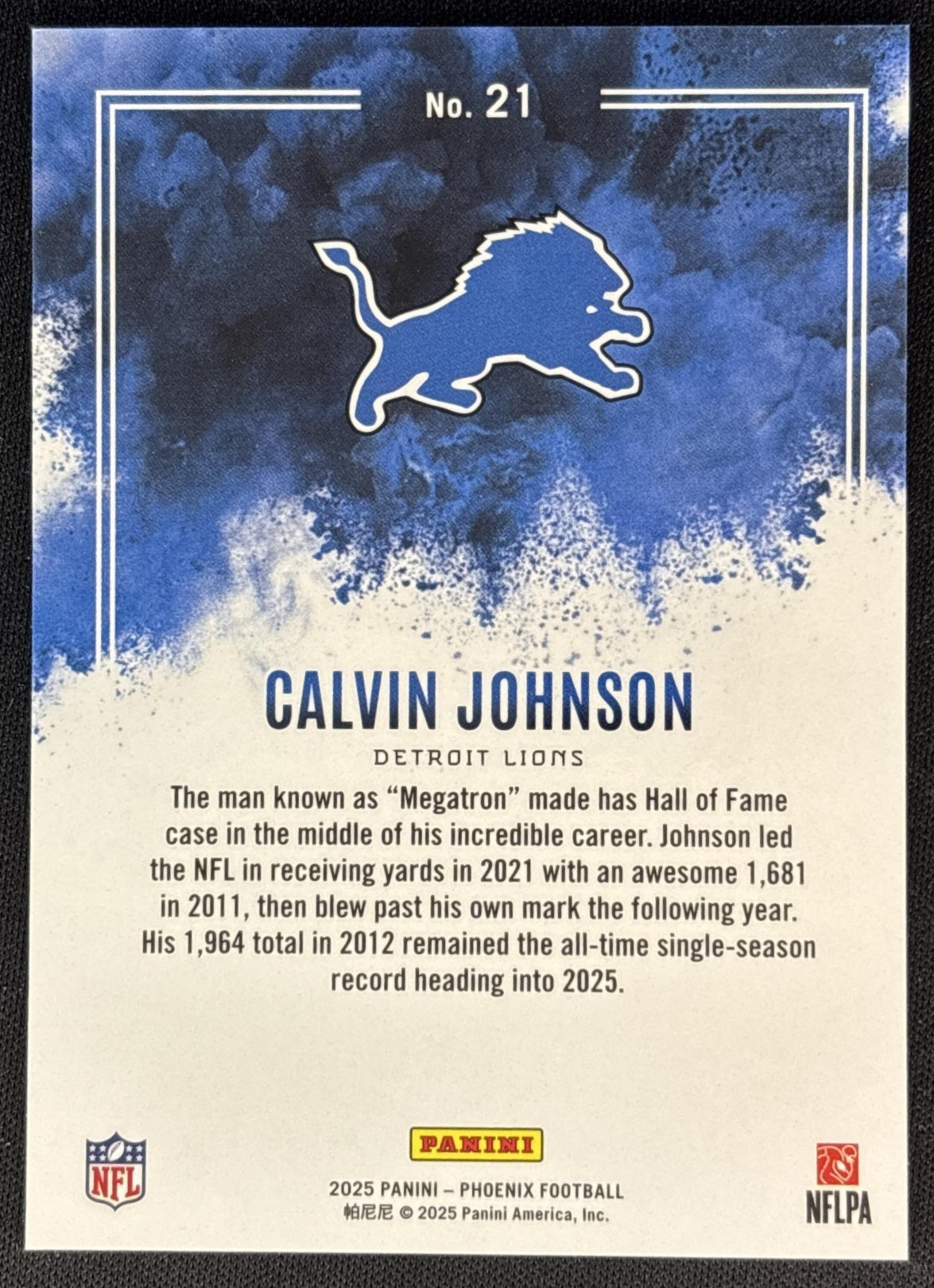 Calvin Johnson 2025 Panini Phoenix Color Blast Lions back