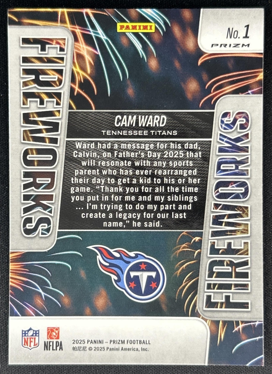 Cam Ward 2025 Panini Prizm Fireworks Silver Titans back