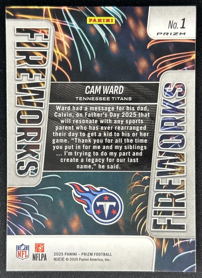 Cam Ward 2025 Panini Prizm Fireworks Silver Titans back