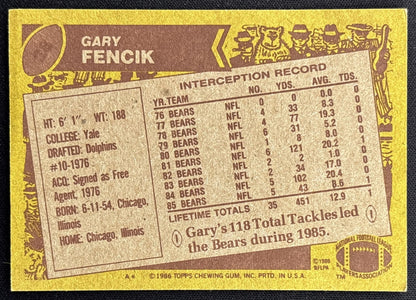 Gary Fencik 1986 Topps Bears back