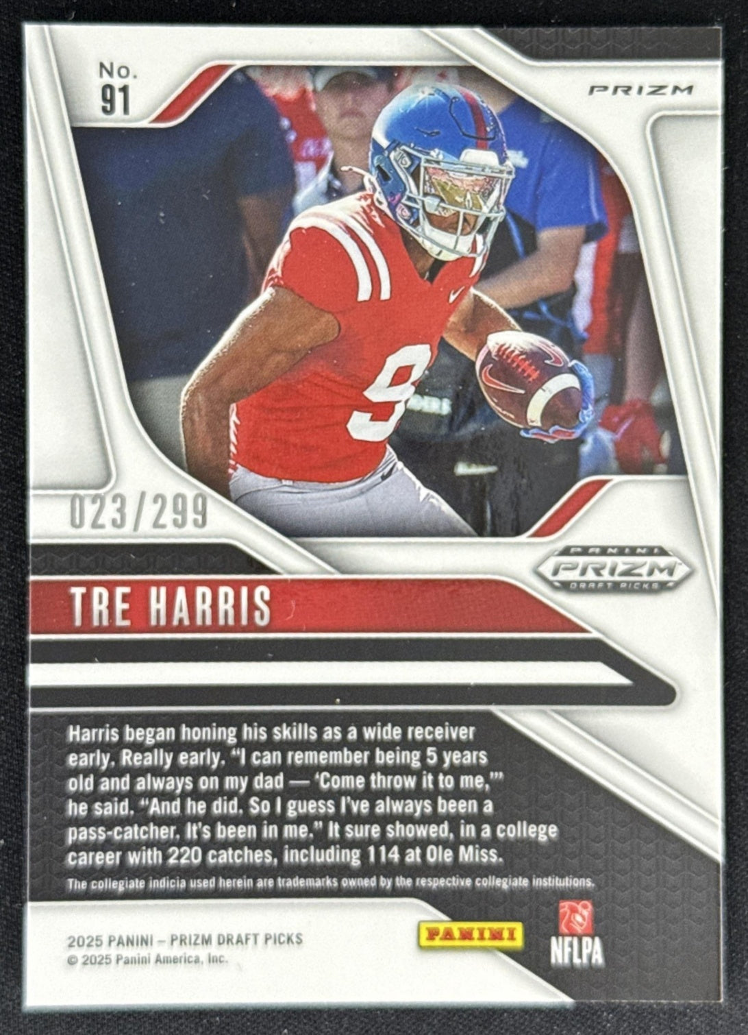 Tre Harris 2025 Panini Prizm Draft Picks Blue Wave /299 Rebels Sports Trading Card