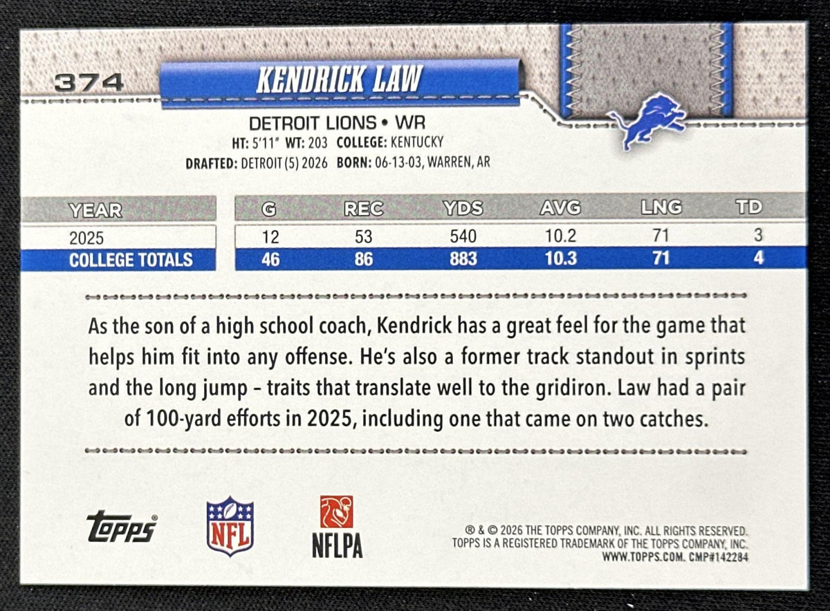 Kendrick Law 2026 Topps Flagship Fanatics Foil Lions