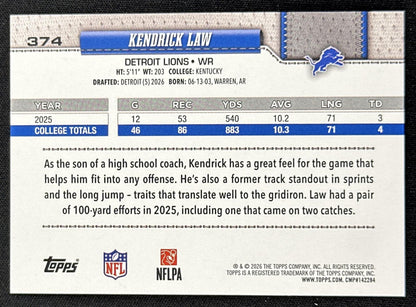 Kendrick Law 2026 Topps Flagship Fanatics Foil Lions