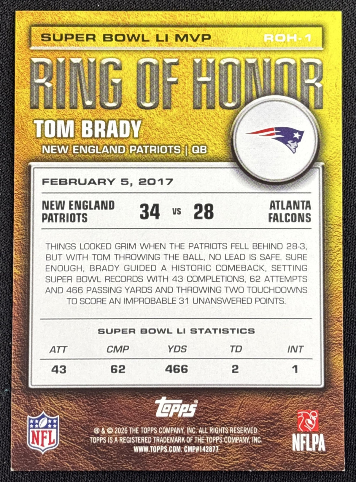 Tom Brady 2026 Topps Ring of Honor Patriots New England Patriots