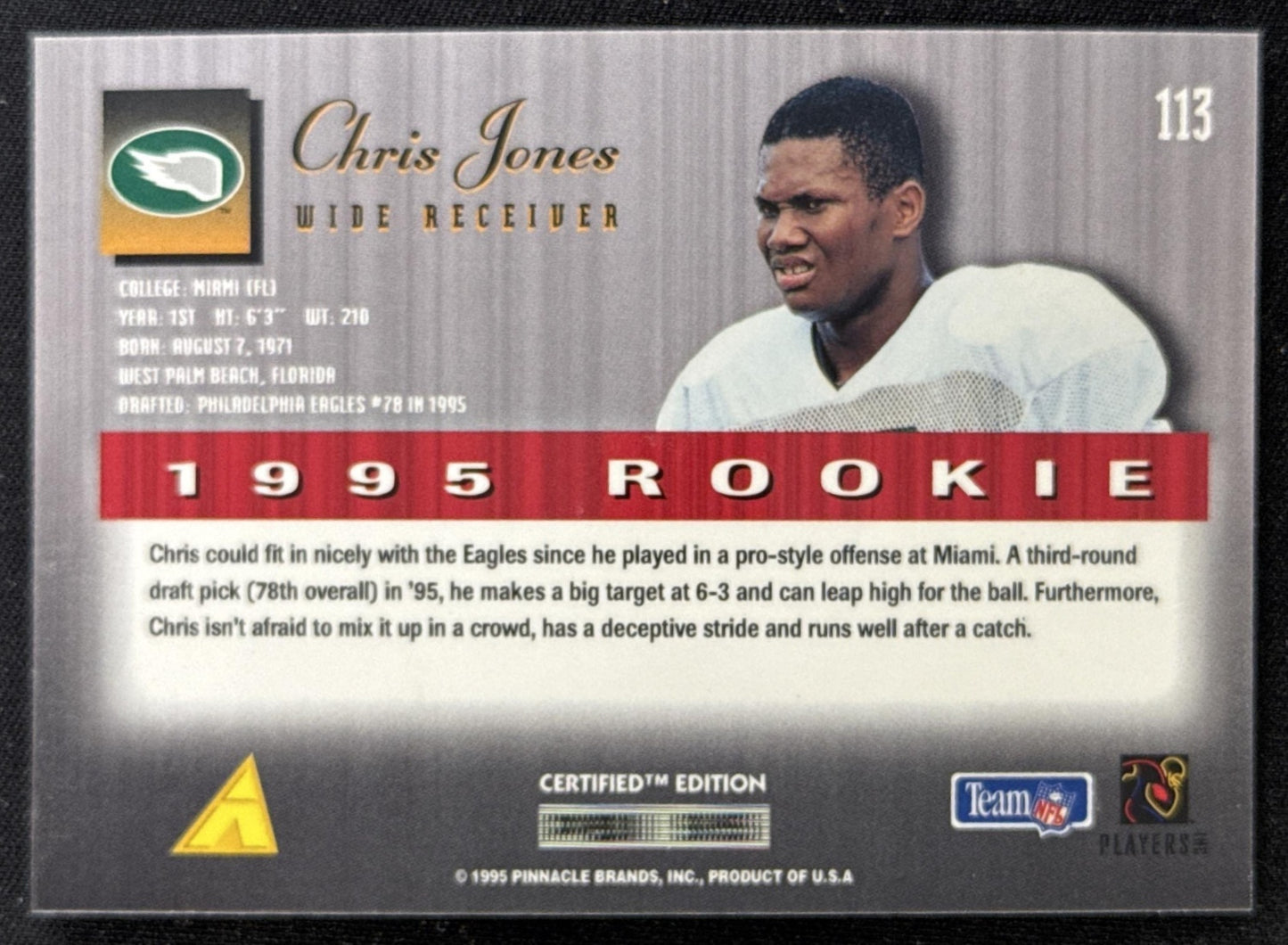 Chris Jones 1995 Pinnacle Select Certified Eagles Sports Trading Card