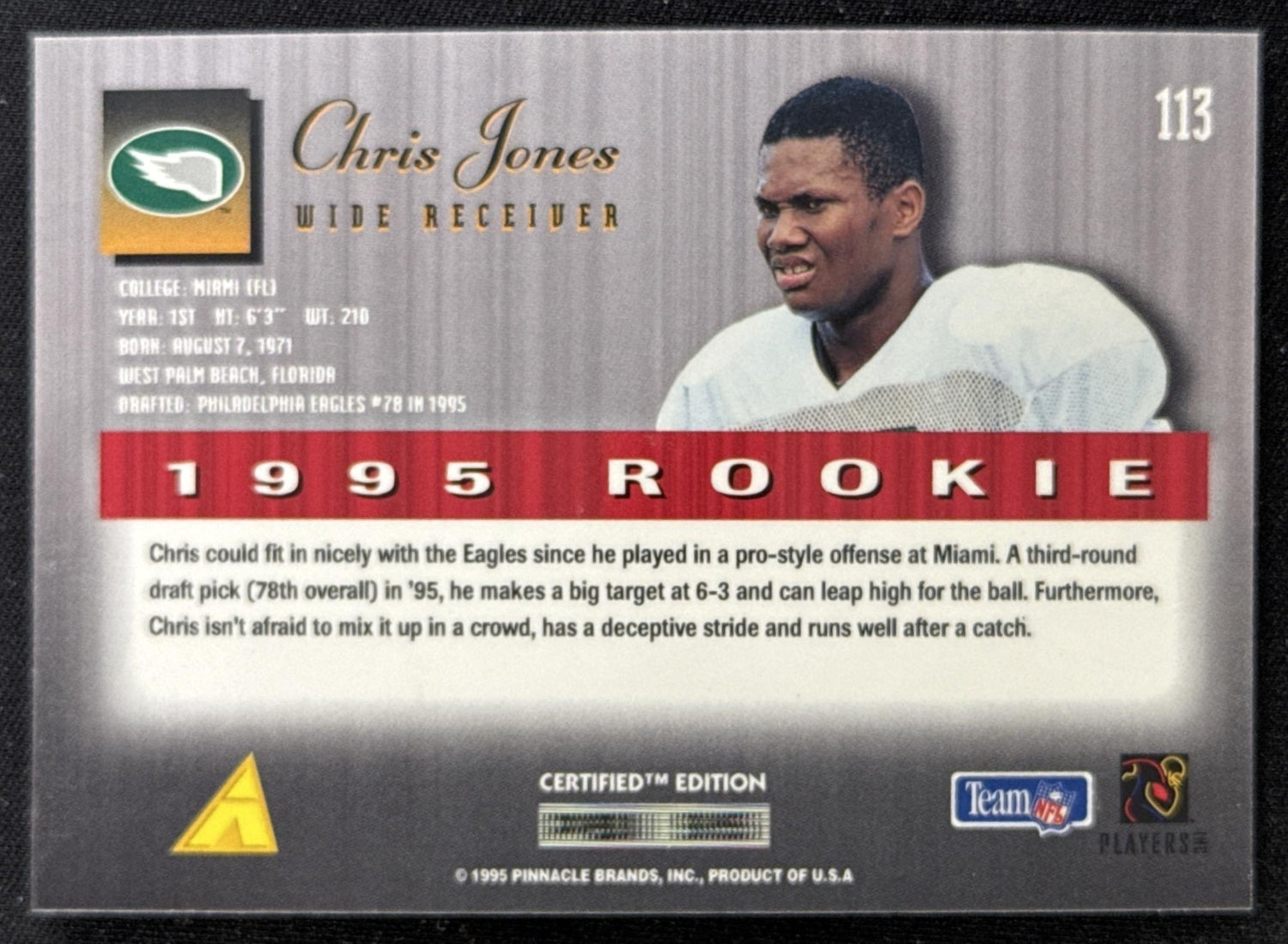 Chris Jones 1995 Pinnacle Select Certified Eagles Sports Trading Card