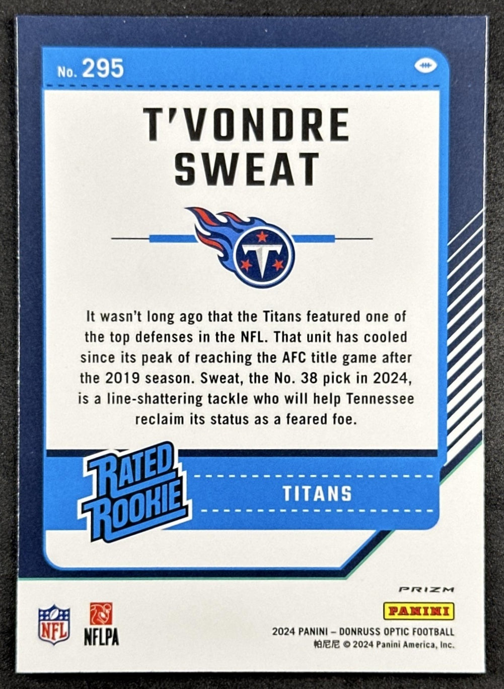 T'Vondre Sweat 2024 Panini Donruss Optic Purple Shock Titans Back