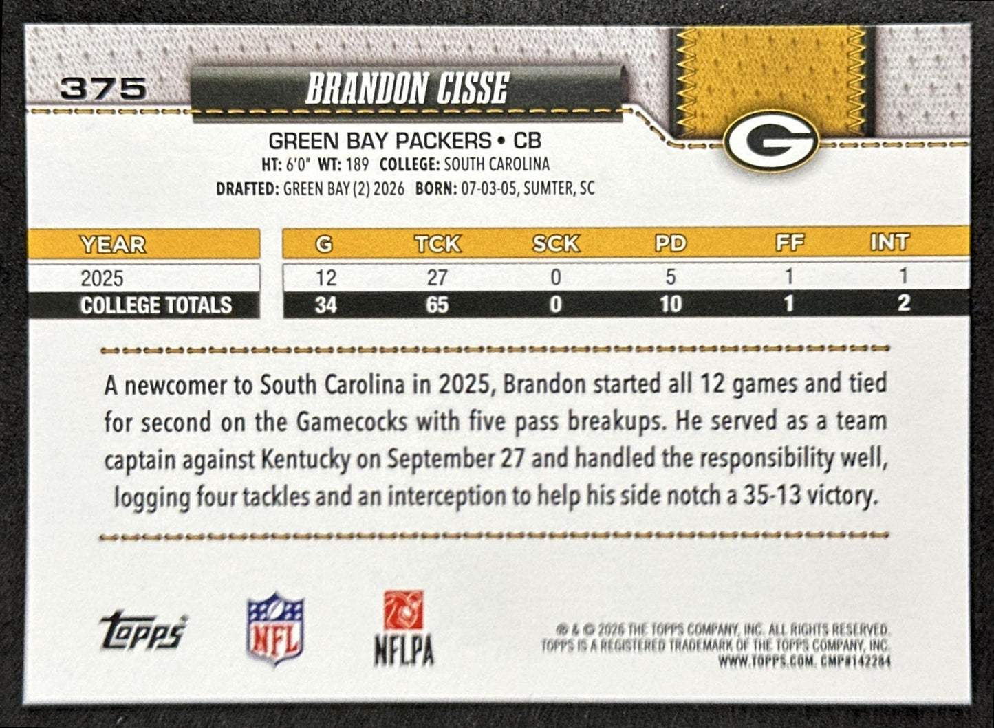 Brandon Cisse 2026 Topps Flagship Rookie Packers Sports Trading Cards