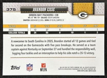 Brandon Cisse 2026 Topps Flagship Rookie Packers Sports Trading Cards
