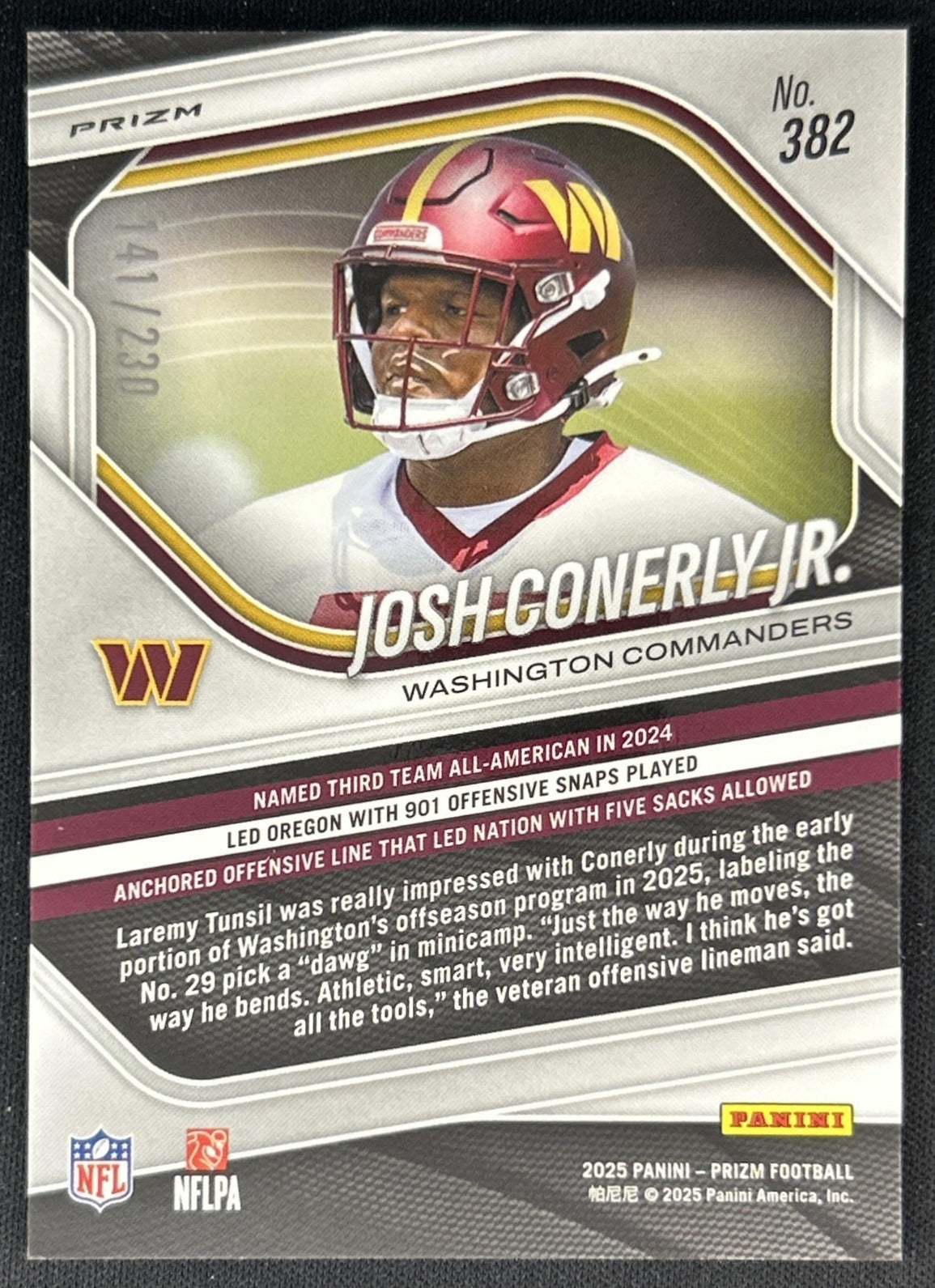 Josh Conerly Jr. 2025 Panini Prizm Blue Wave /230 Commanders back