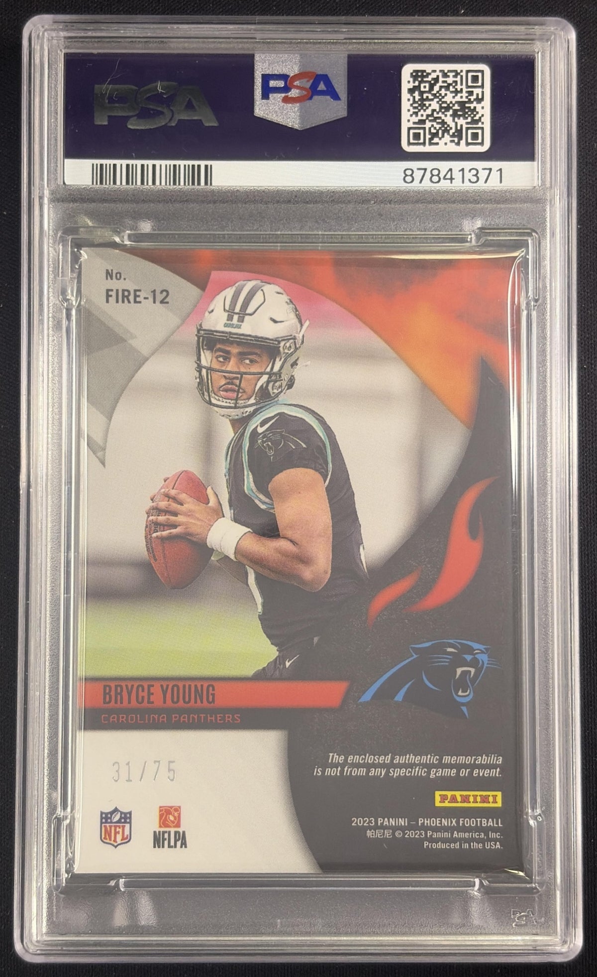 Bryce Young 2023 Panini Phoenix Fire Fabrics Red /75 PSA 9 Panthers Sports Trading Card