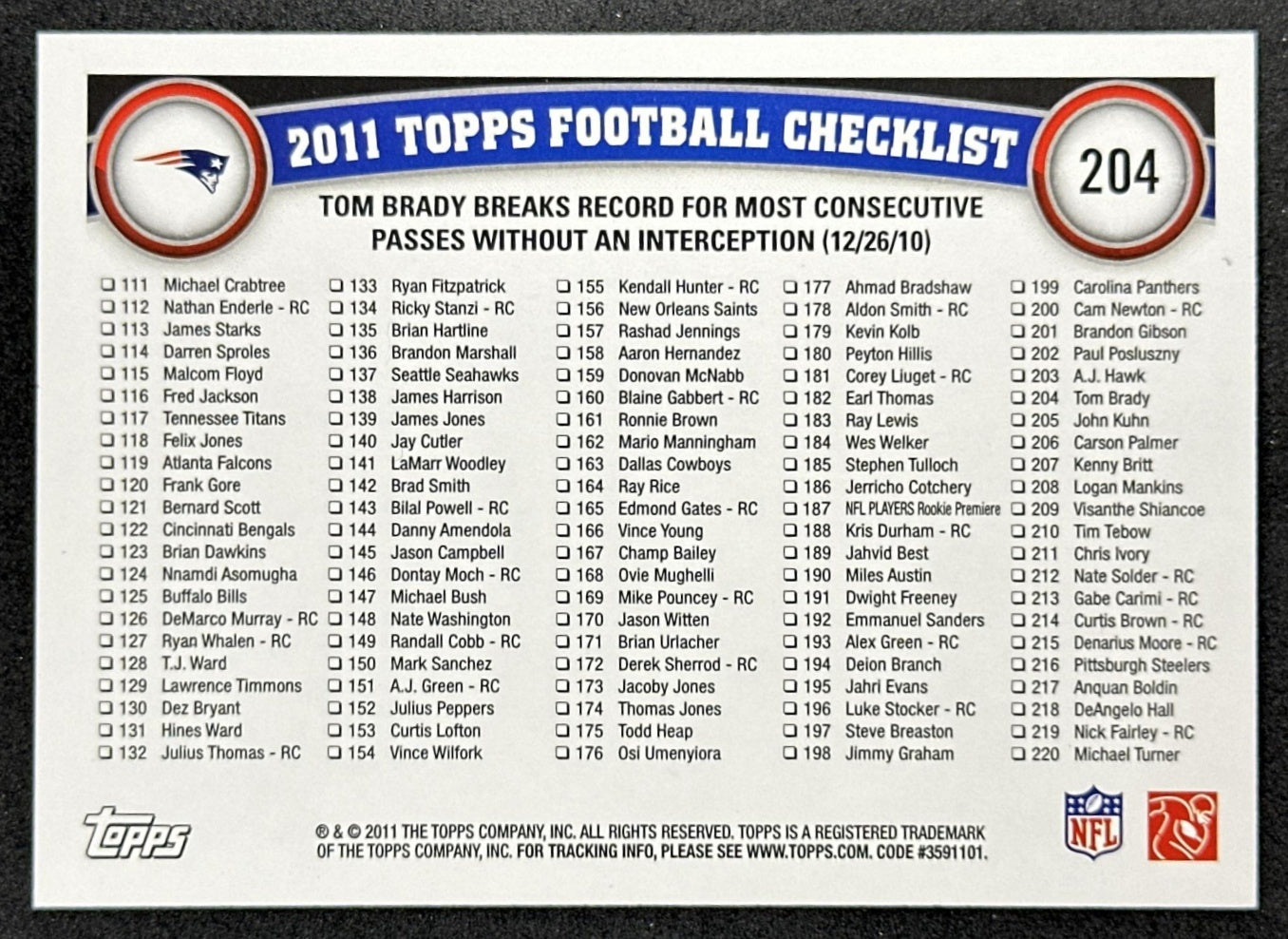 Tom Brady 2011 Topps Record Breaker Patriots