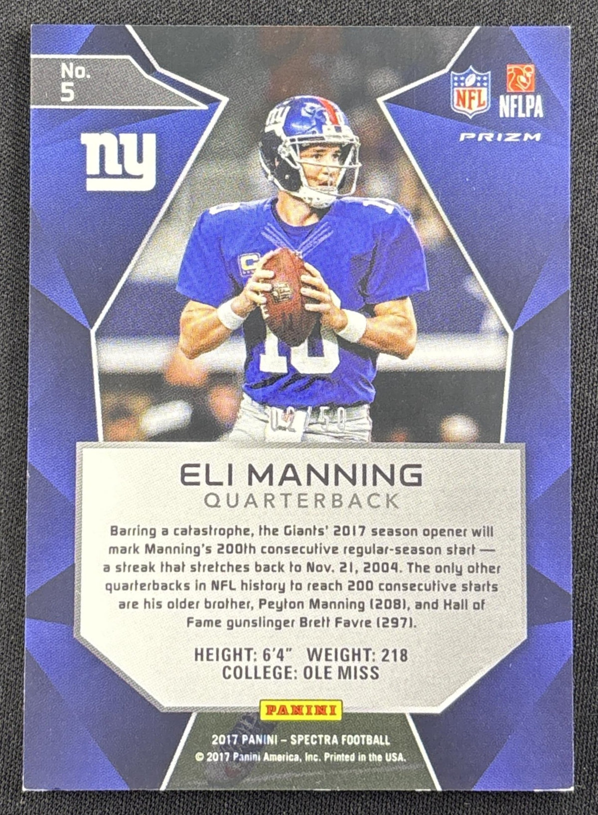 Eli Manning 2017 Panini Spectra Neon Blue /50 Giants