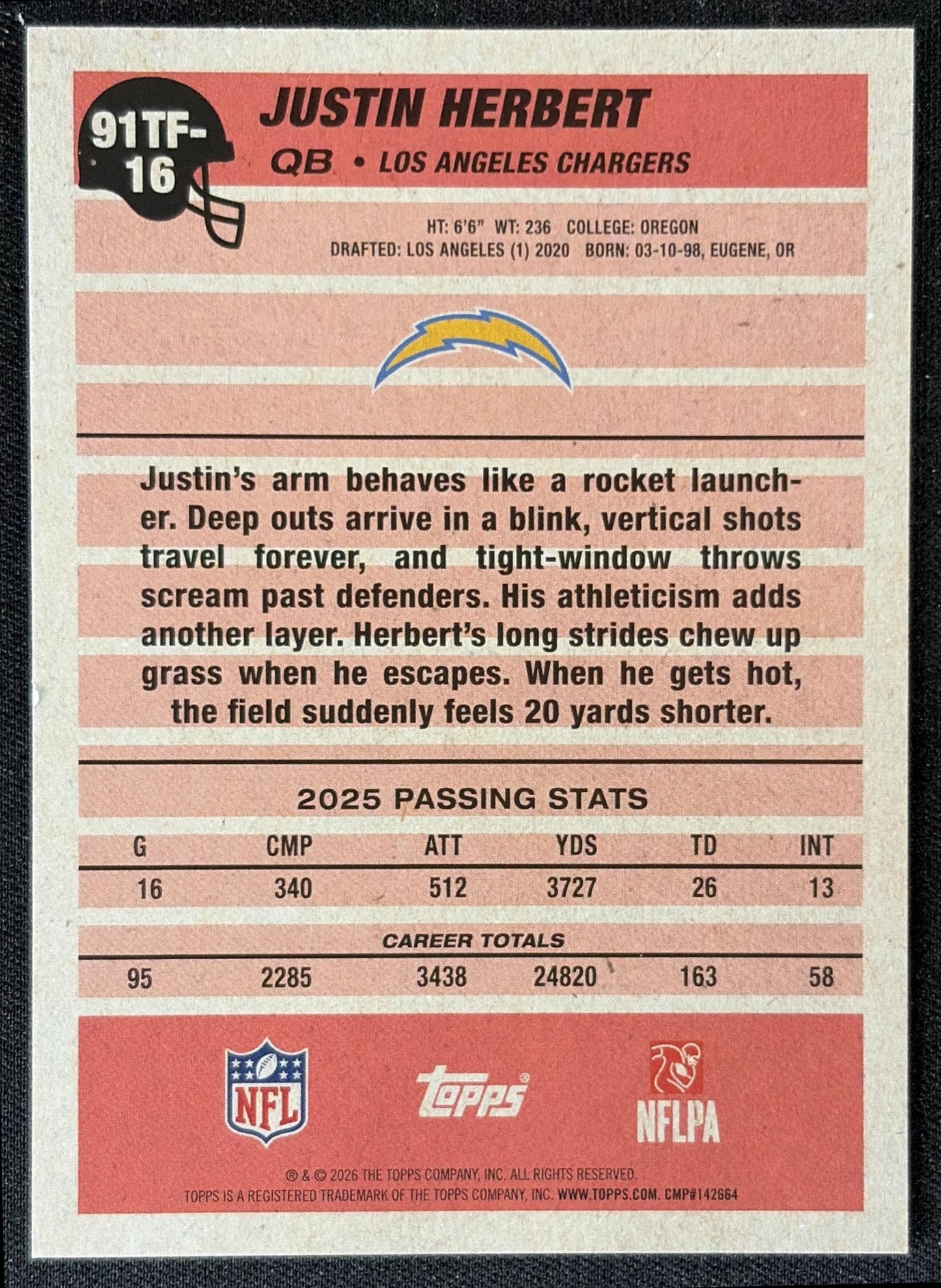 Justin Herbert 2026 Topps 1991 Chargers back
