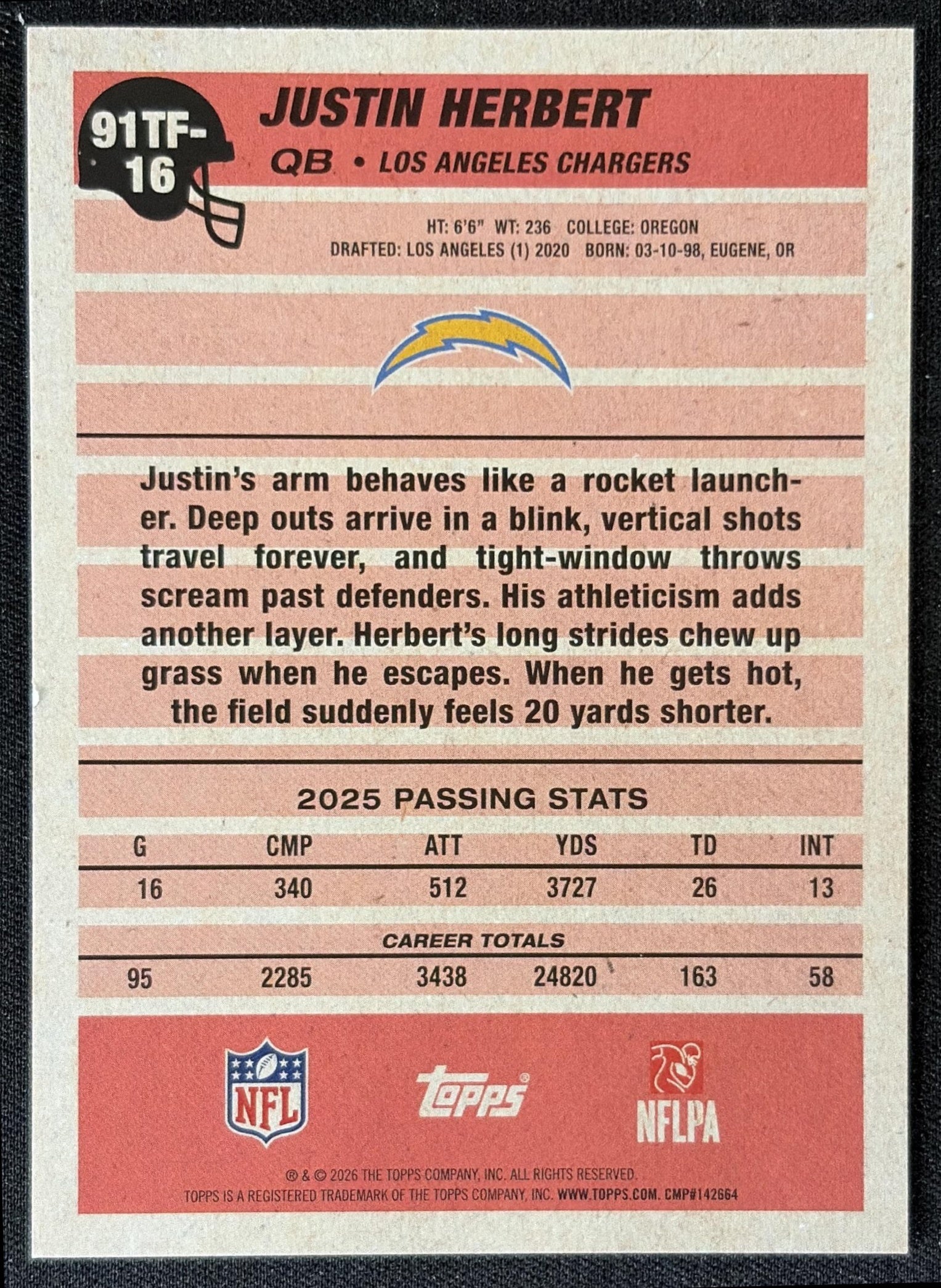 Justin Herbert 2026 Topps 1991 Chargers back