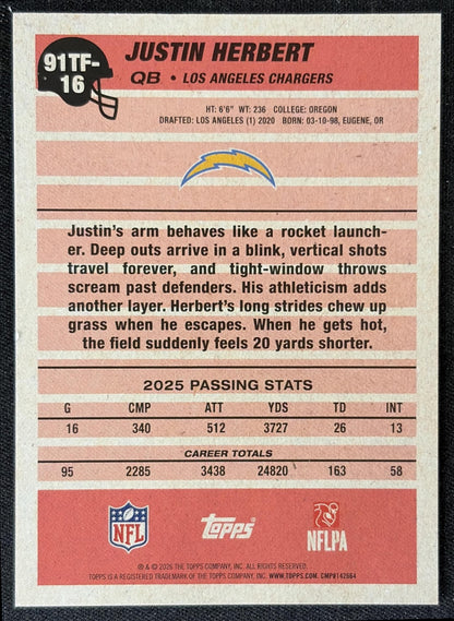 Justin Herbert 2026 Topps 1991 Chargers back