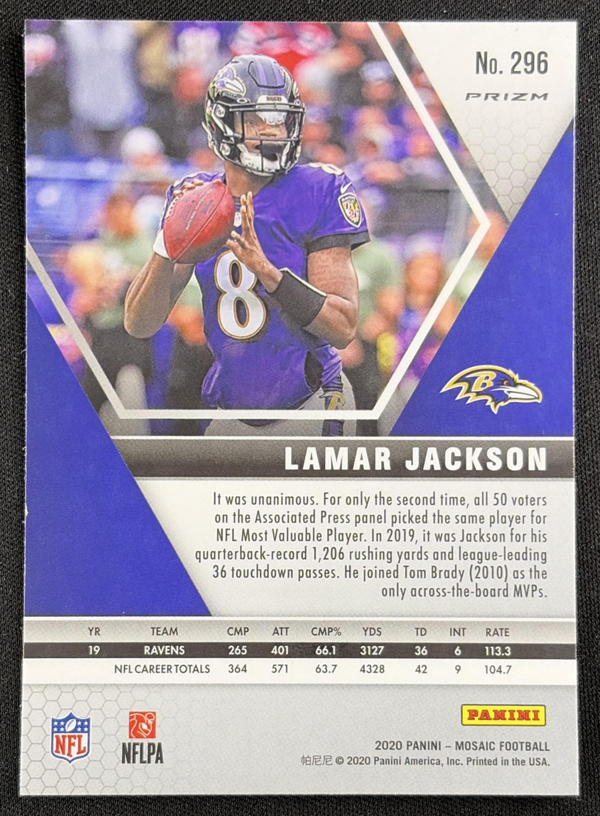 Lamar Jackson 2020 Panini Mosaic Prizm Green Ravens Sports Trading Card