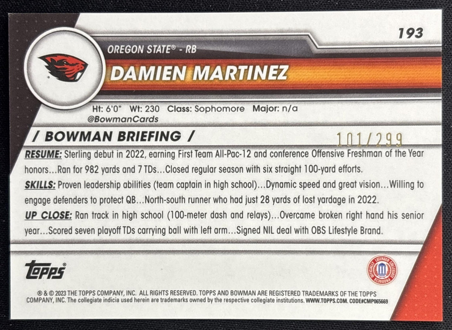Damien Martinez 2023 Bowman University Chrome Aqua Refractor /299 back