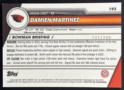 Damien Martinez 2023 Bowman University Chrome Aqua Refractor /299 back